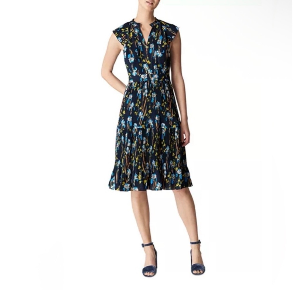 Whistles‎ Celia Iris Print Pleated Dress Navy Floral Midi Size 2